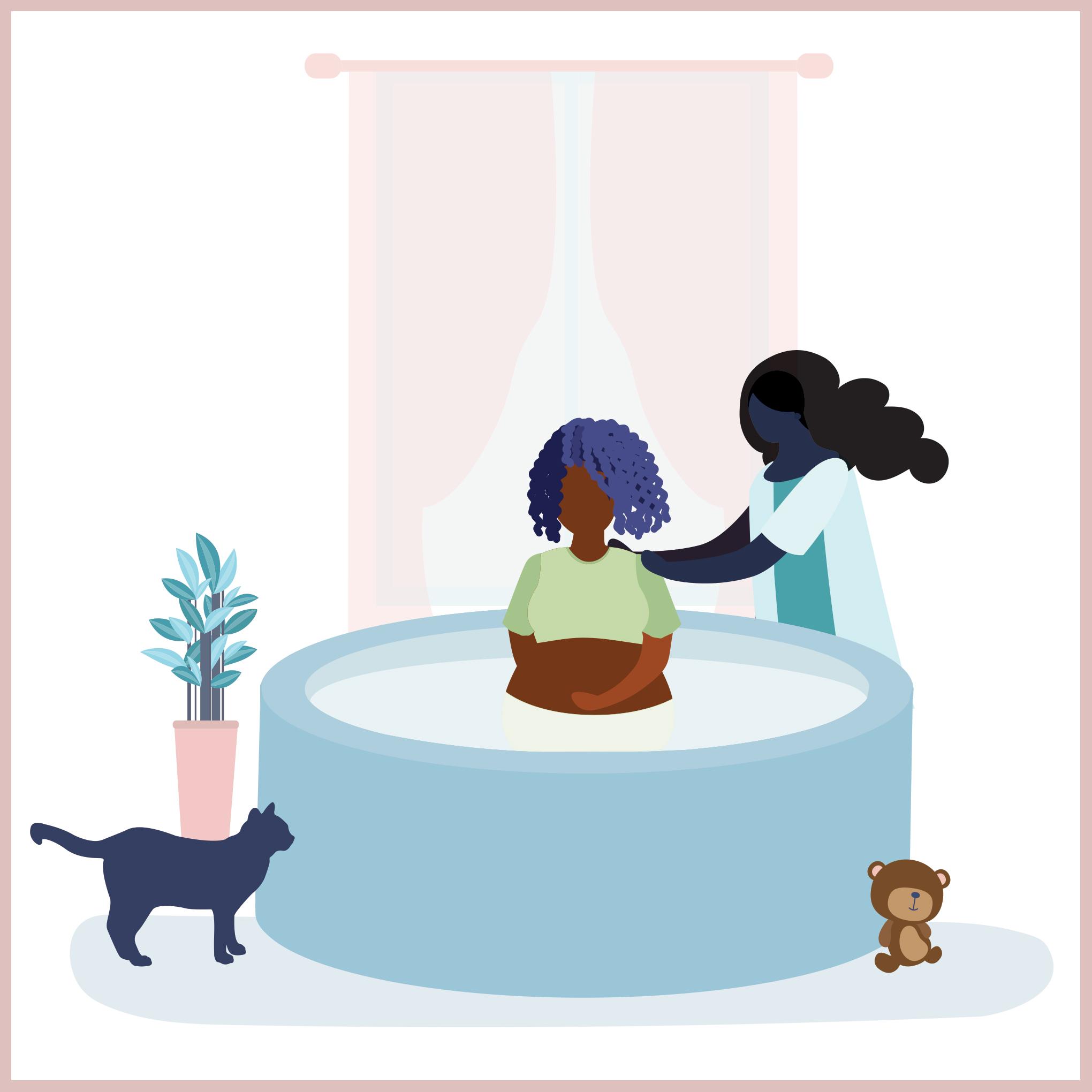 Illustration of a woman and a doula in a water birth setting