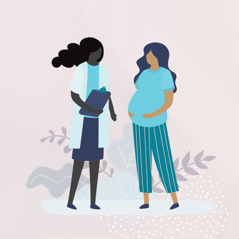 Illustration of a Black woman doctor with long wavy hair holding a clipboard speaking to a pregnant woman who has brown skin and long wavy hair